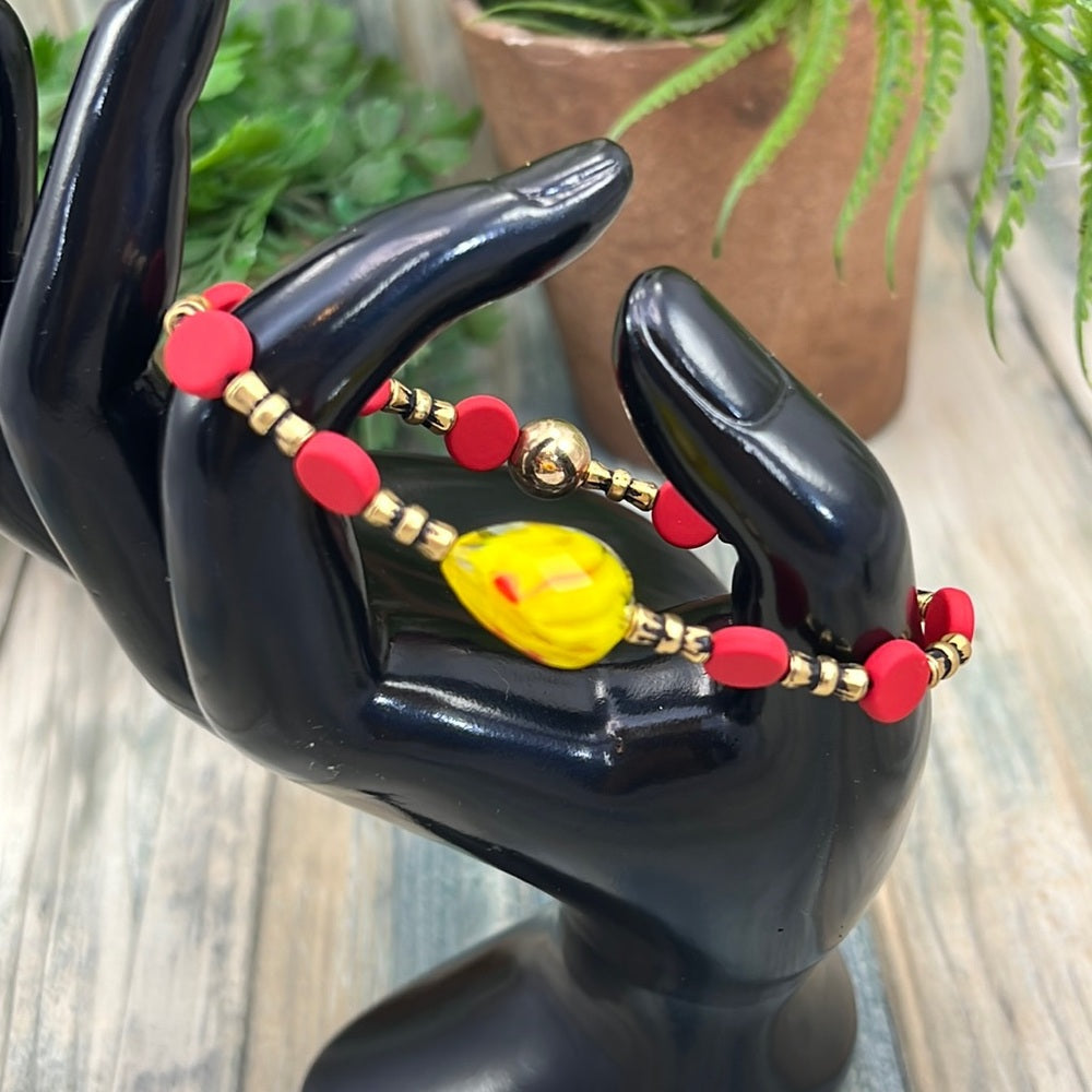 Adorned Crown Kansas City Chiefs KC football red gold stretch bracelet set E