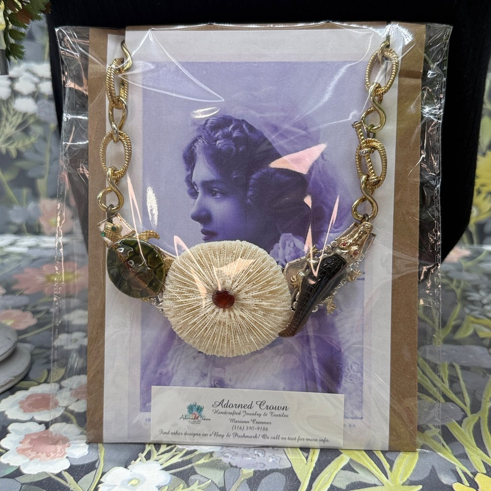 Adorned Crown Jewelry assemblage turtle alligator mushroom coral necklace
