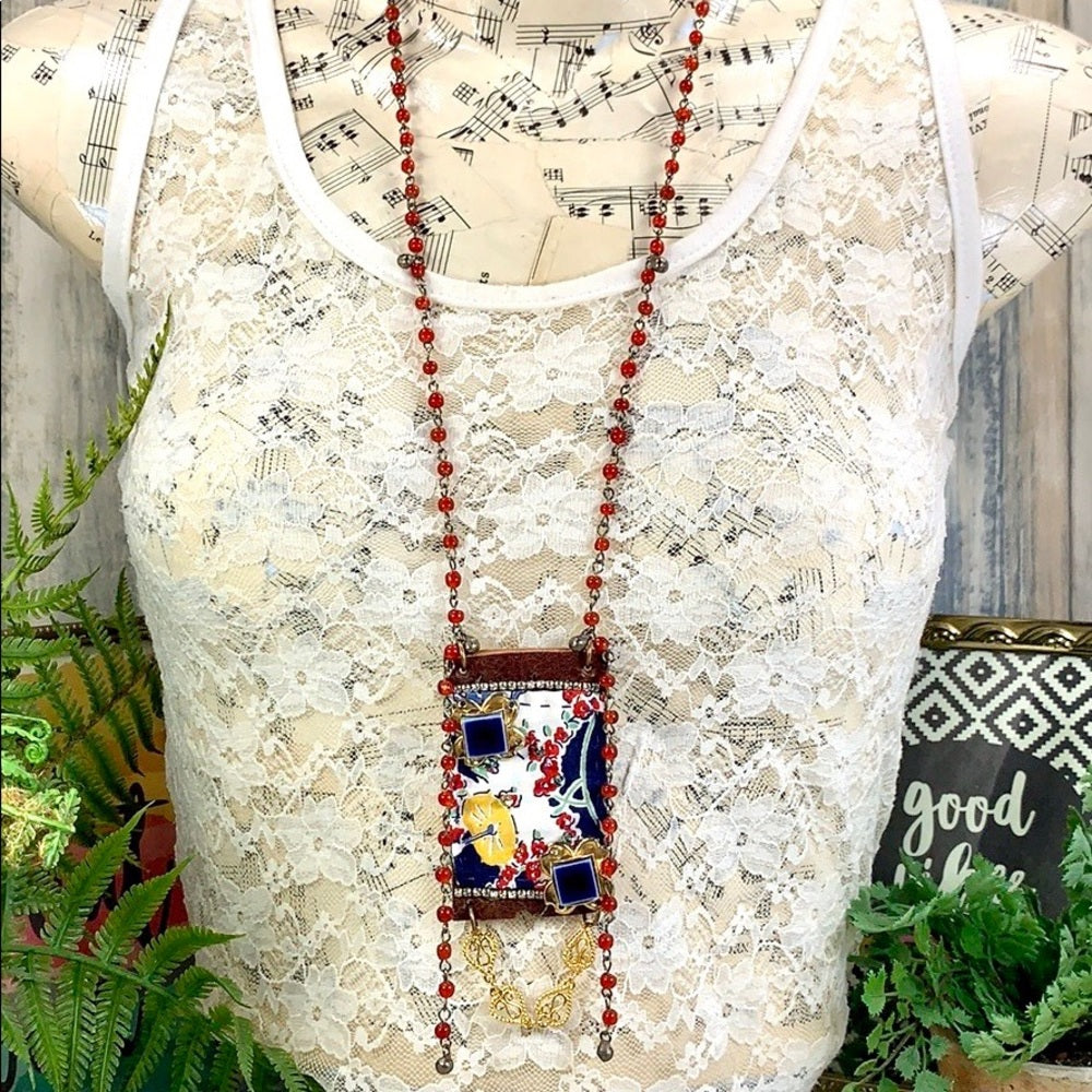 Adorned Crown artisan assemblage crazy quilted leather boho bead necklace
