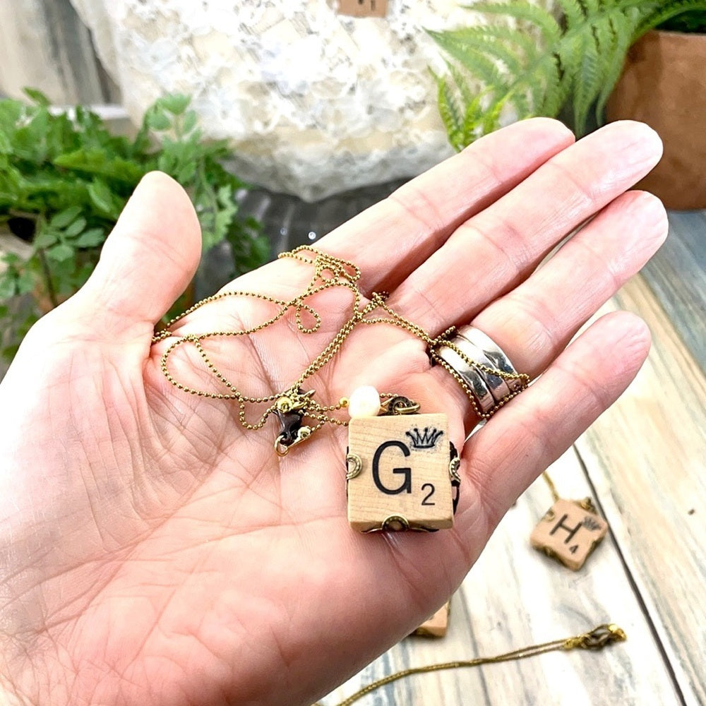Adorned Crown scrabble tile initial Pearl necklace