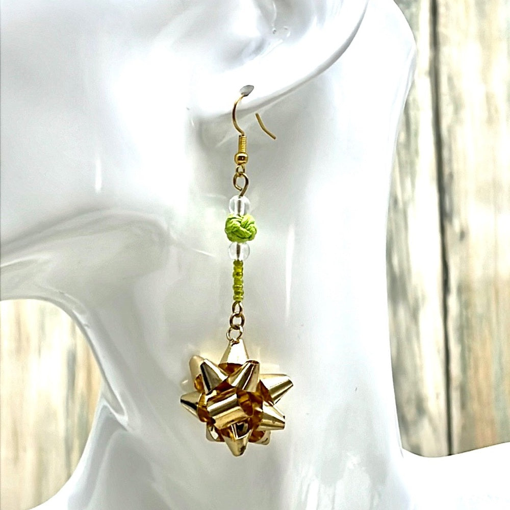Adorned Crown Jewelry assemblage Christmas earrings gold bow green bead