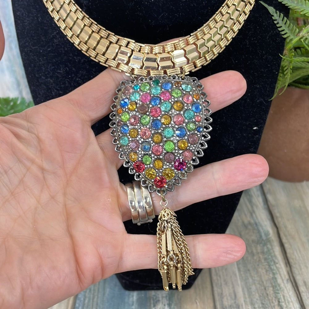 Adorned Crown Artisan assemblage wide golden collar rhinestone necklace