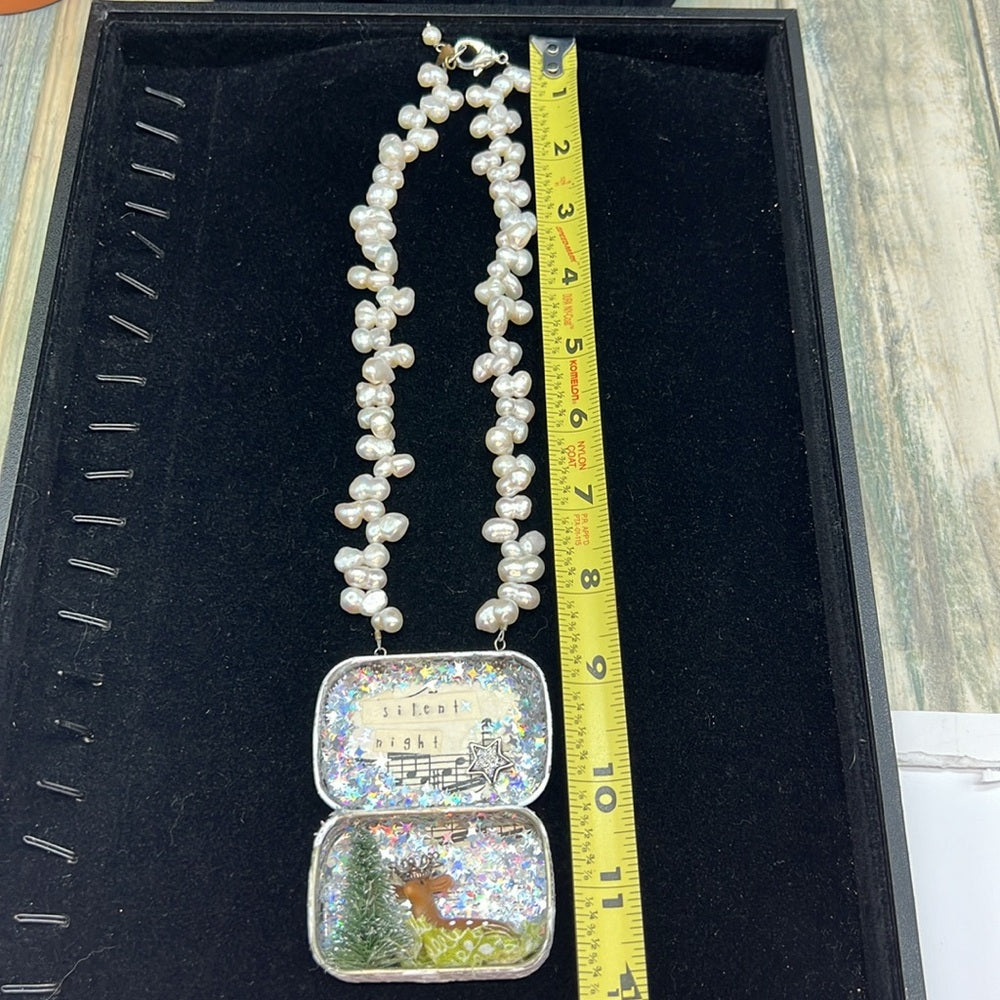 Adorned Crown Jewelry assemblage Christmas silent night shadow box necklace