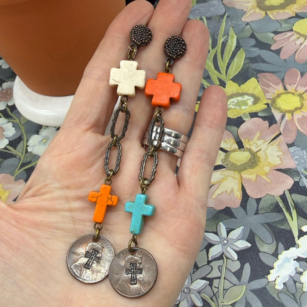 Adorned Crown Jewelry assemblage asymmetrical cross and penny earrings