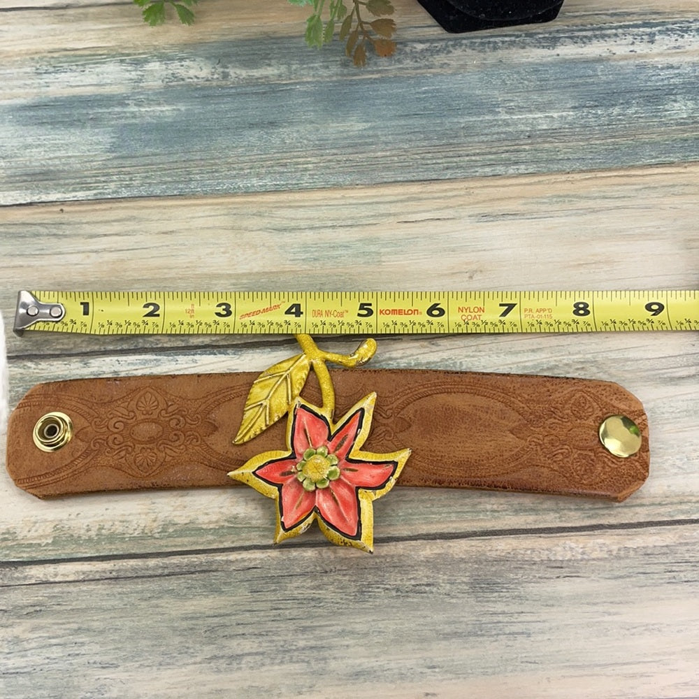 Adorned Crown assembled leather cuff enamel flower mid century boho bracelet