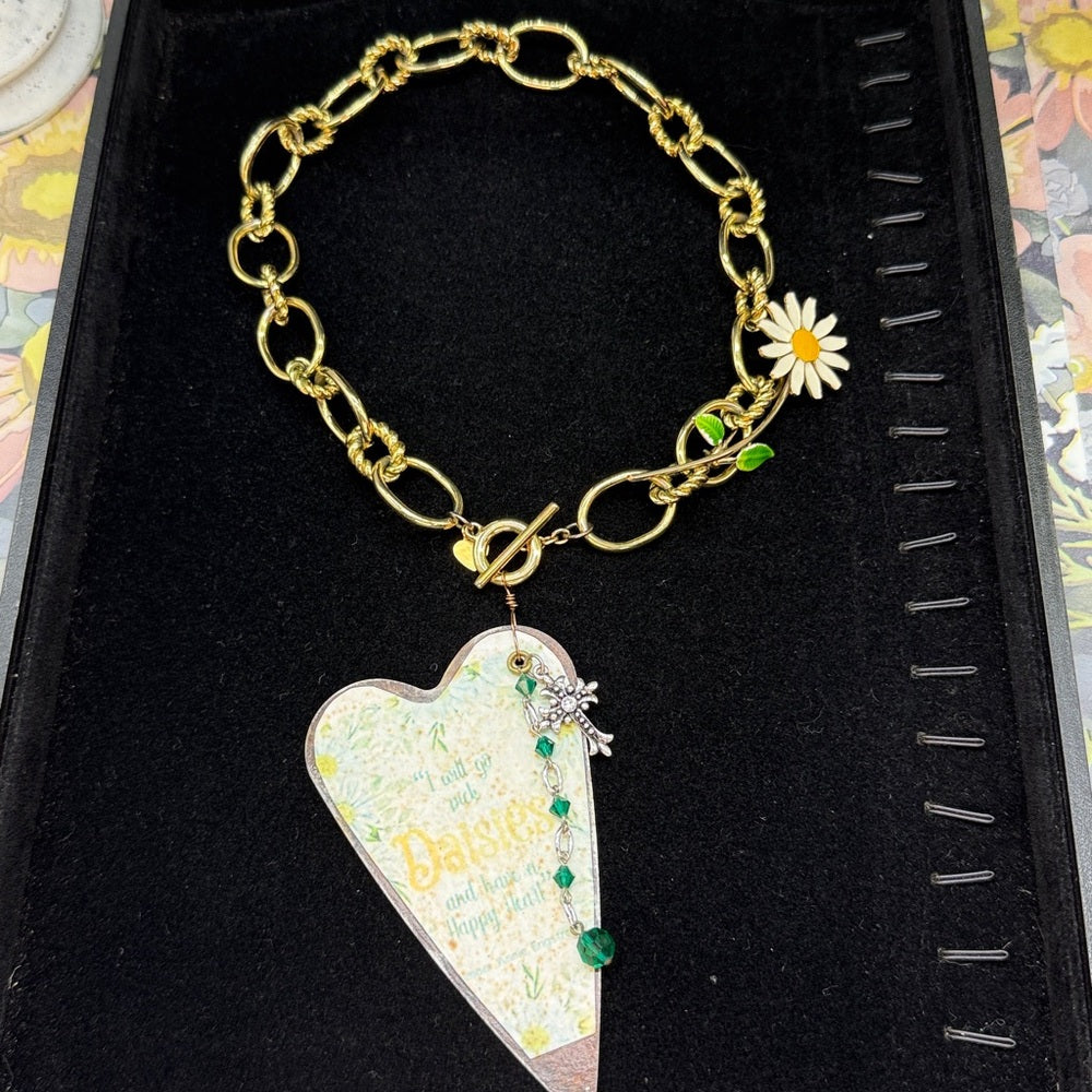 Adorned Crown Jewelry assemblage yellow rusty heart daisy flower necklace