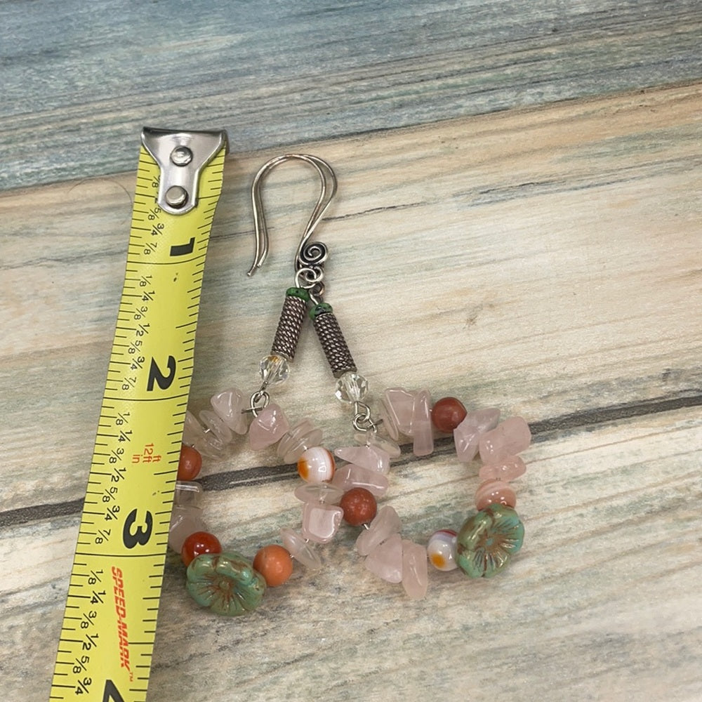 Adorned Crown artisan assemblage rose quartz Czech flower hoop earrings