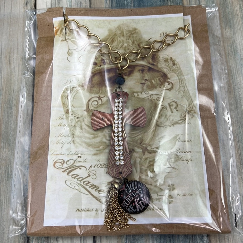 Adorned Crown Artisan assemblage cross be silly be kind be honest necklace