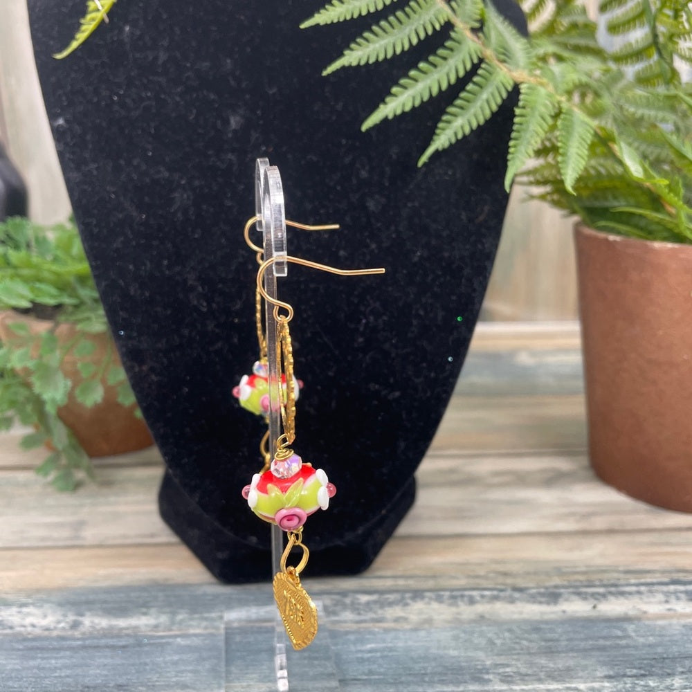 Adorned Crown lamp work floral bead heart charm earrings
