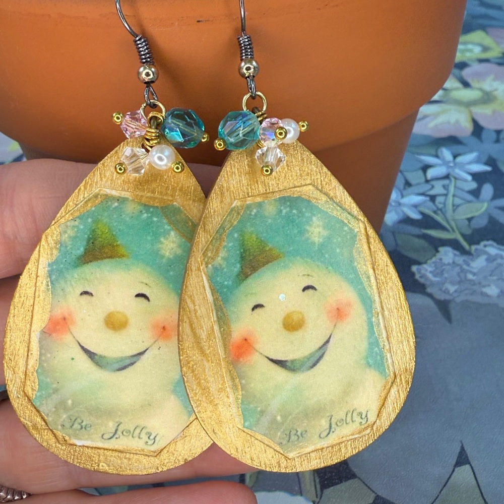 Adorned Crown Jewelry assemblage Victorian Christmas jolly snowman earrings