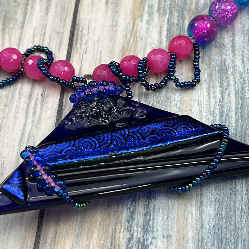Adorned Crown Artisan Assemblage dichroic triangle faceted bead necklace