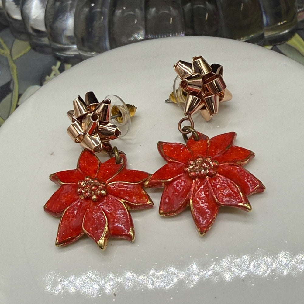 Adorned Crown Jewelry assemblage Christmas bow poinsettia post earrings