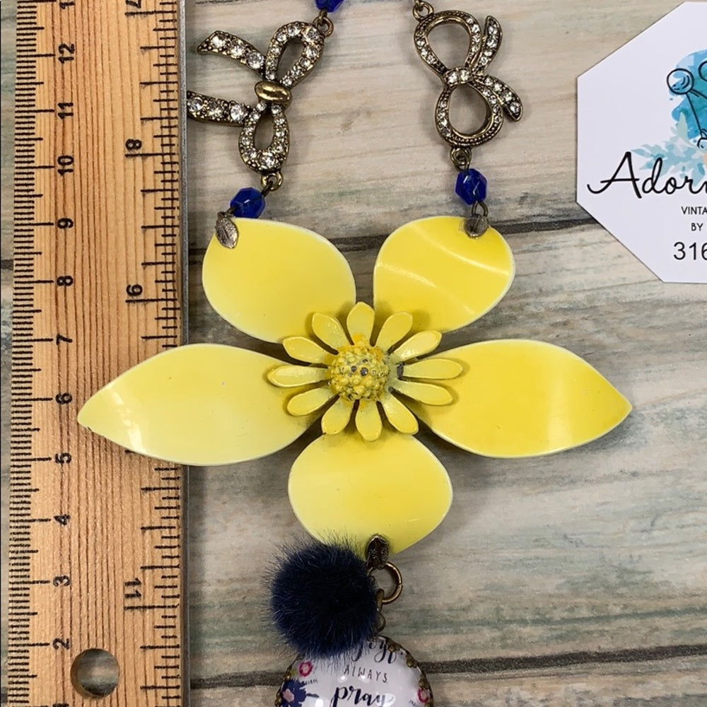 Adorned Crown artisan assemblage yellow enamel flower bow pray necklace
