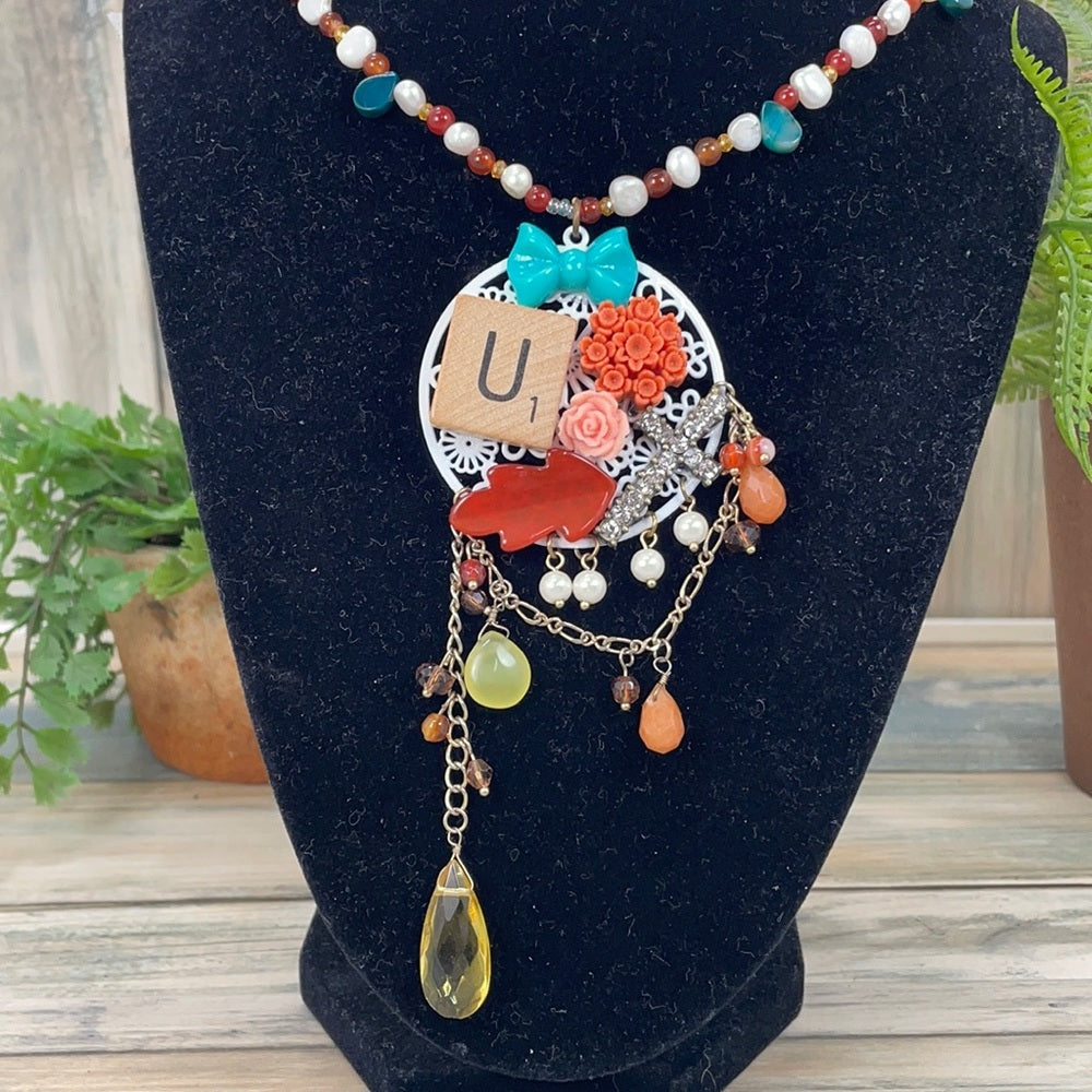 Adorned Crown artisan assemblage letter U scrabble tile cluster necklace