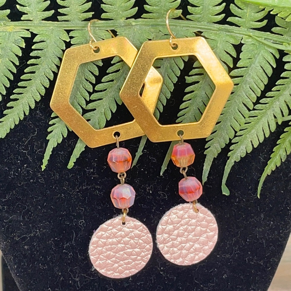 Adorned Crown assemblage hexagon leather pink drop earrings