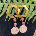 Adorned Crown assemblage hexagon leather pink drop earrings