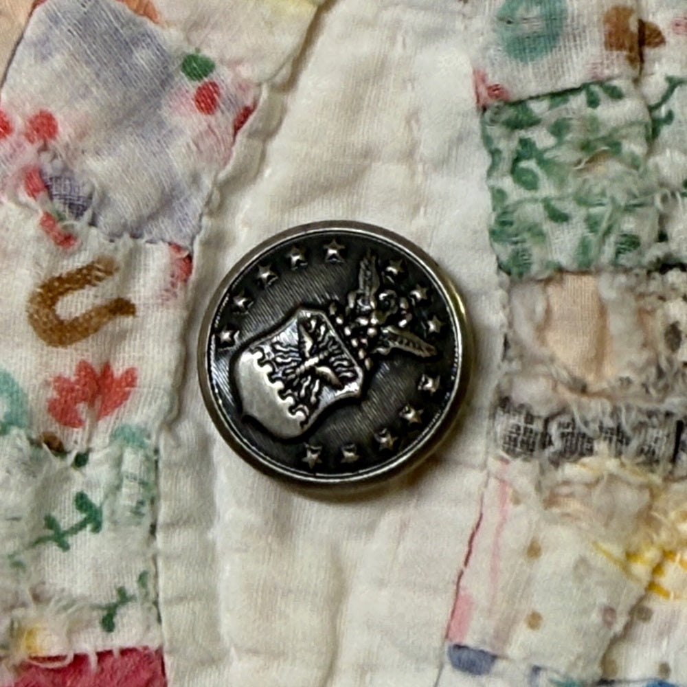 Adorned Crown Jewelry Double wedding ring quilt vintage Air Force button coat