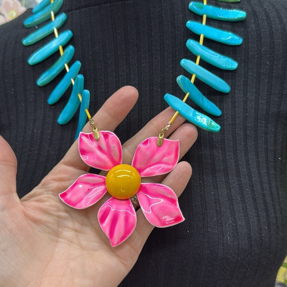 Adorned Crown Jewelry assemblage neon pink enamel flower teal shell necklace