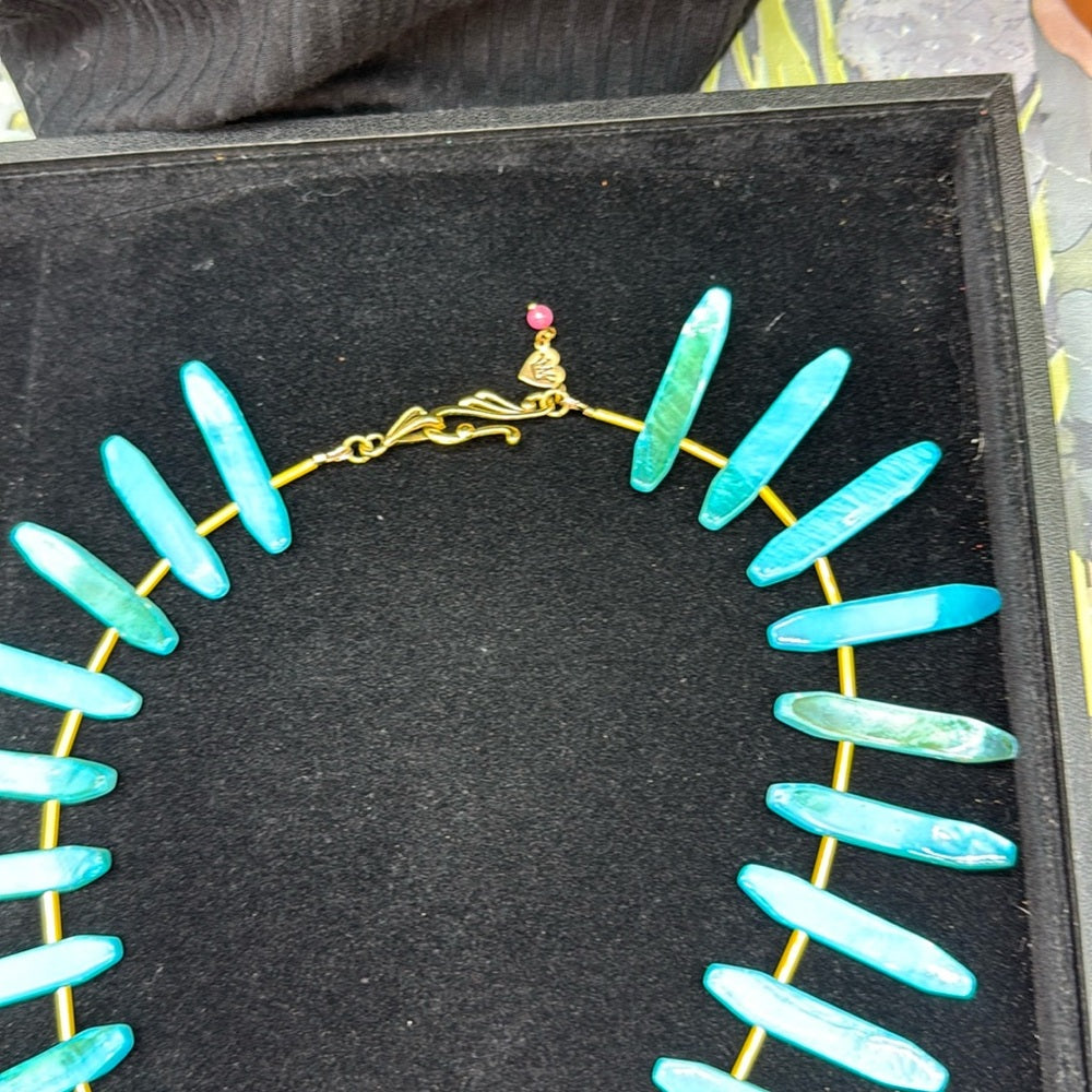 Adorned Crown Jewelry assemblage neon pink enamel flower teal shell necklace