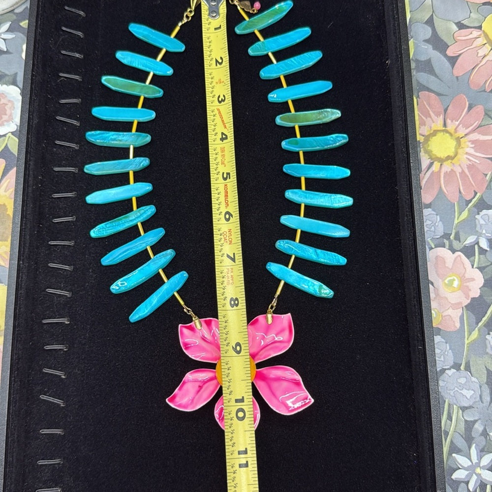 Adorned Crown Jewelry assemblage neon pink enamel flower teal shell necklace