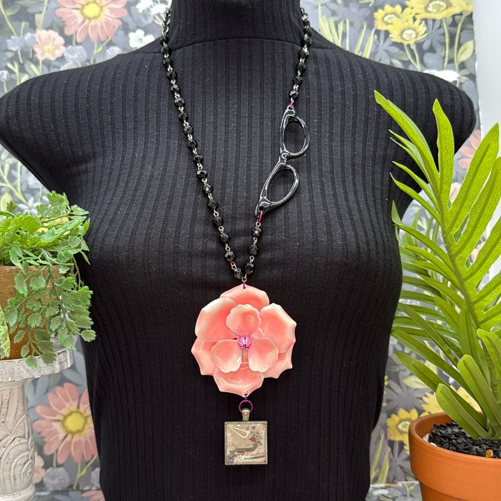 Adorned Crown Jewelry assemblage pink enamel flower kindness glasses necklace