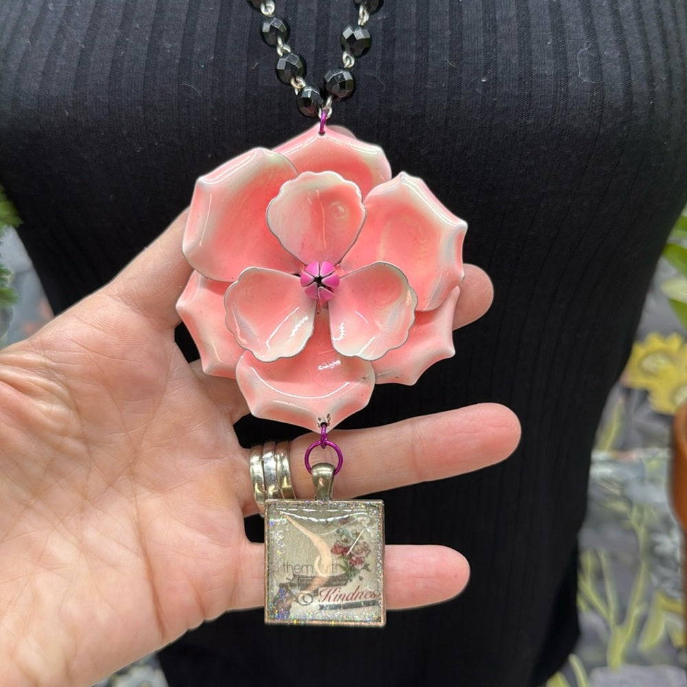 Adorned Crown Jewelry assemblage pink enamel flower kindness glasses necklace