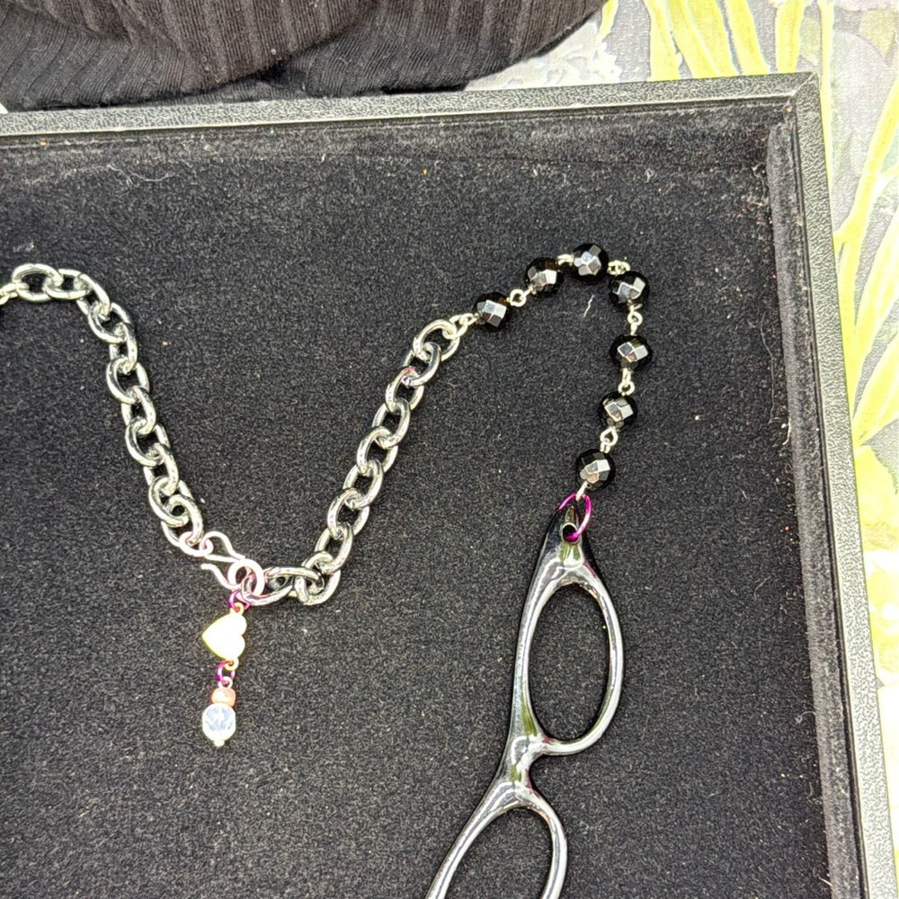 Adorned Crown Jewelry assemblage pink enamel flower kindness glasses necklace