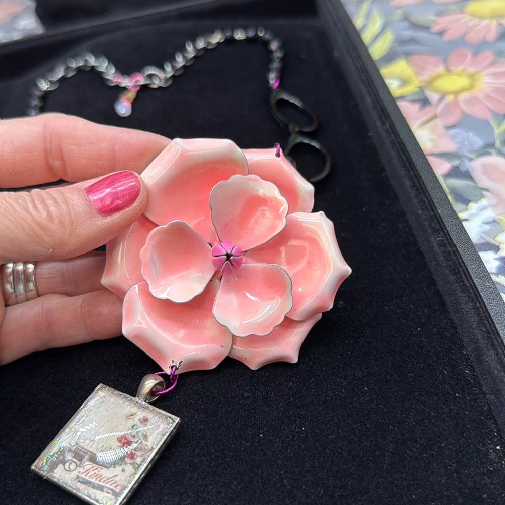 Adorned Crown Jewelry assemblage pink enamel flower kindness glasses necklace