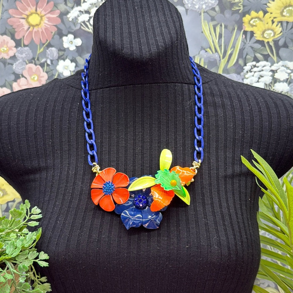 Adorned Crown Jewelry assemblage neon enamel flower blue orange bib necklace