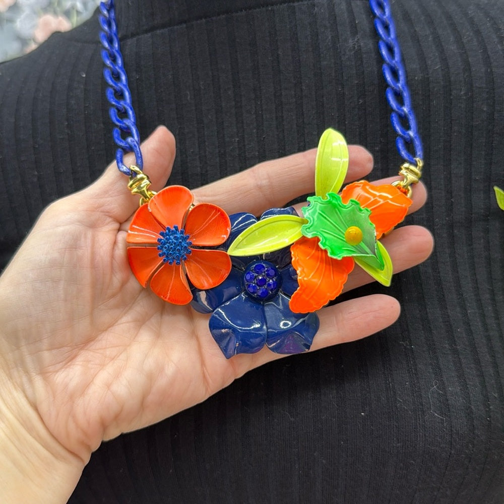 Adorned Crown Jewelry assemblage neon enamel flower blue orange bib necklace