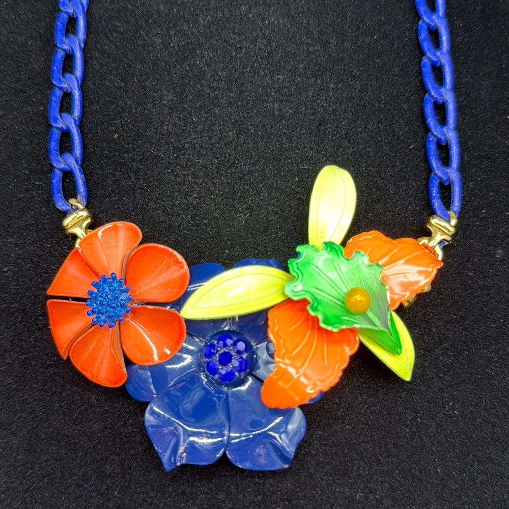 Adorned Crown Jewelry assemblage neon enamel flower blue orange bib necklace