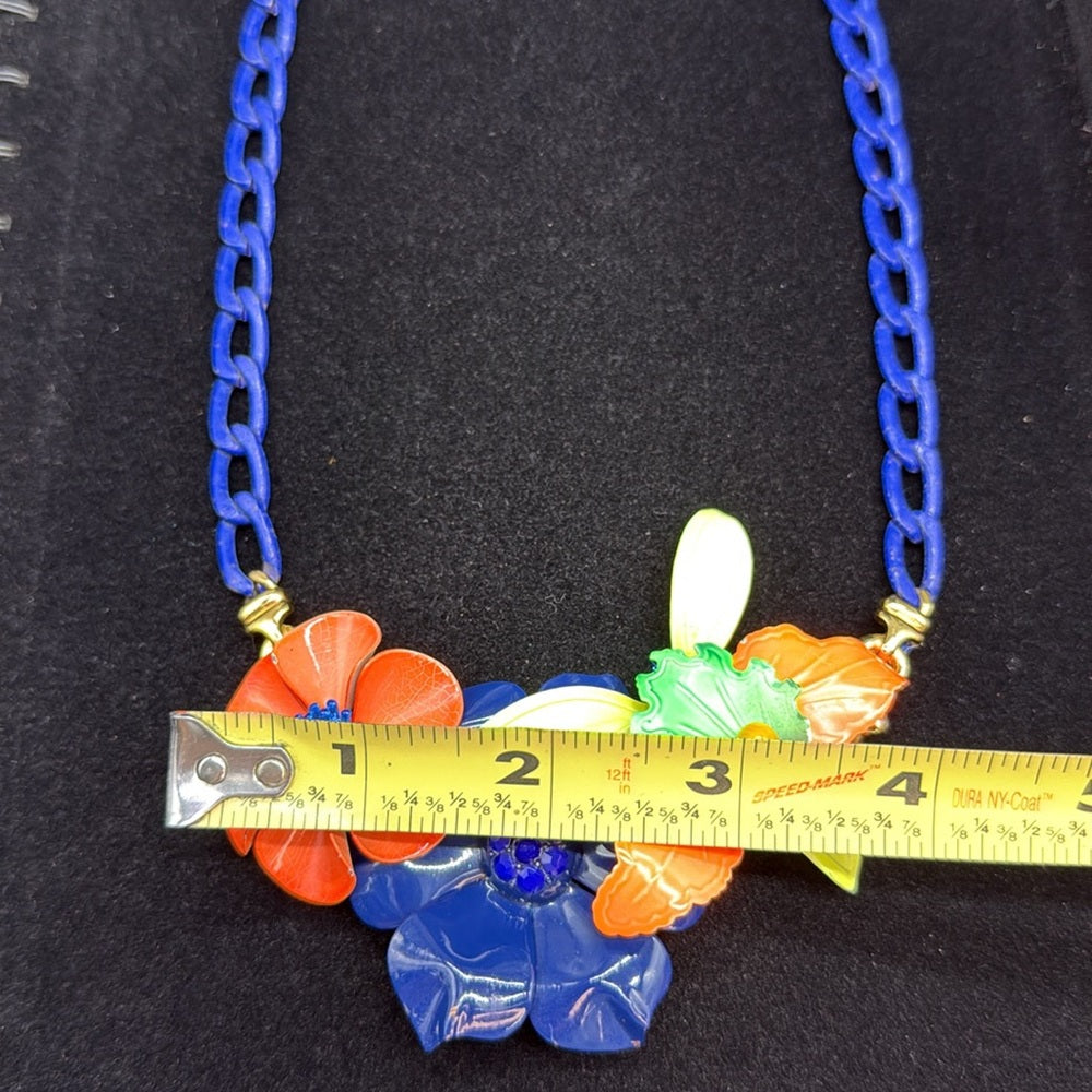 Adorned Crown Jewelry assemblage neon enamel flower blue orange bib necklace
