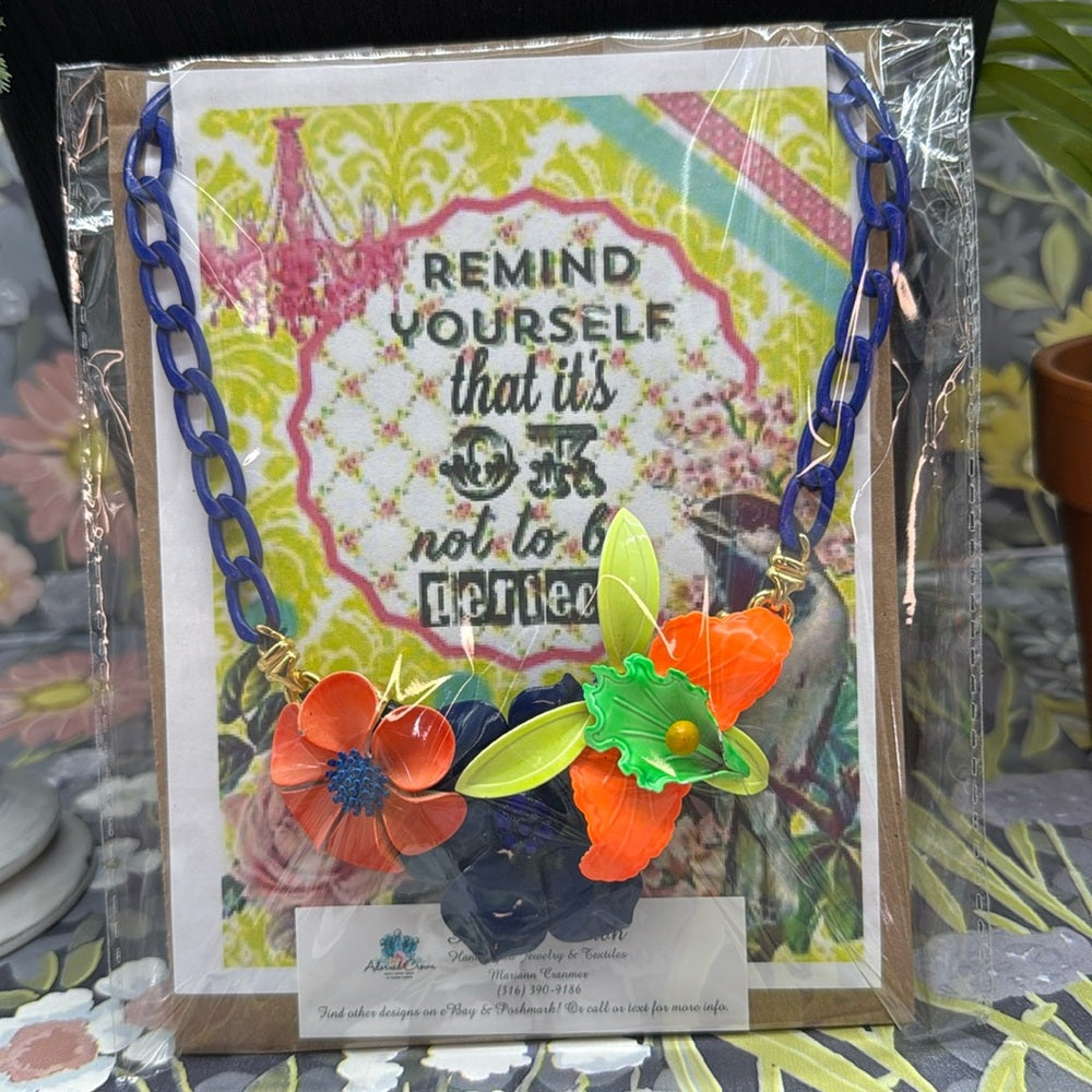 Adorned Crown Jewelry assemblage neon enamel flower blue orange bib necklace