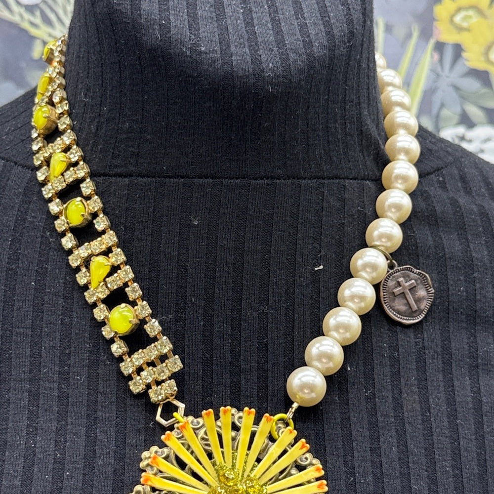 Adorned Crown Jewelry assemblage lemon rhinestone faux pearl flower necklace