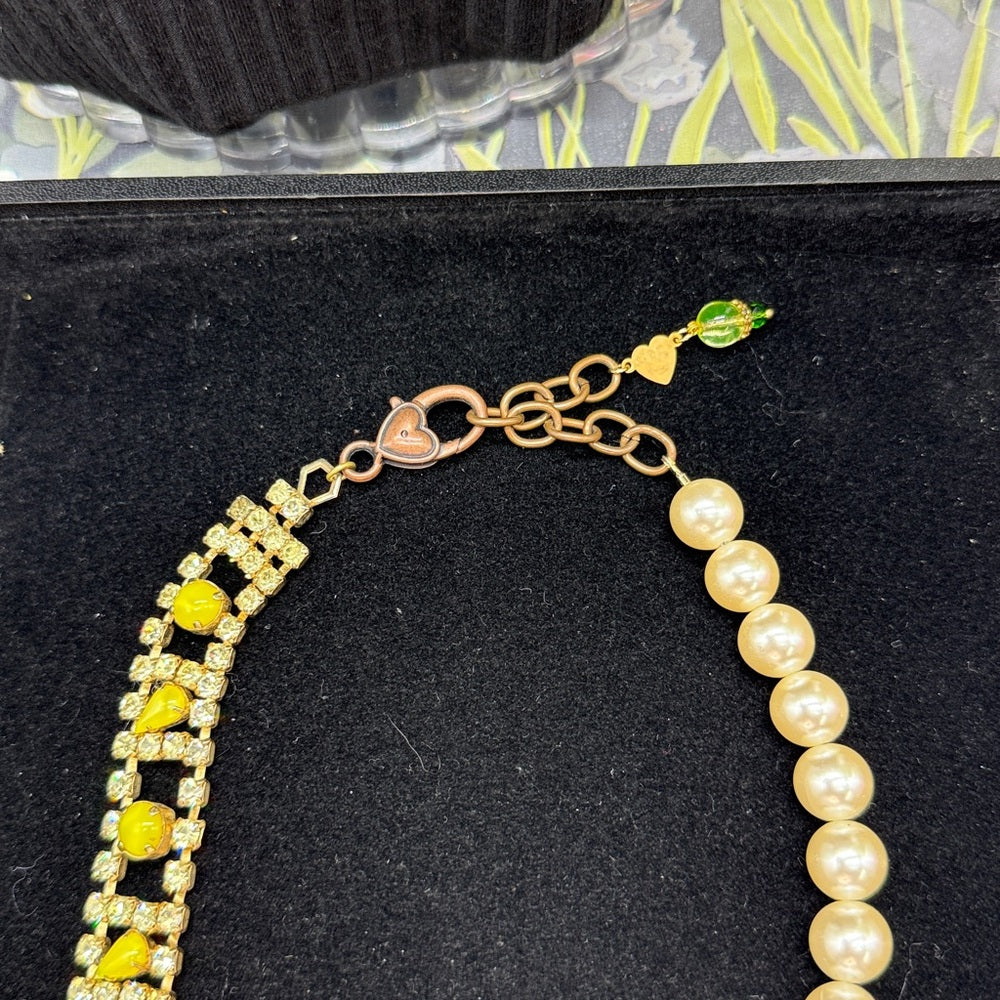 Adorned Crown Jewelry assemblage lemon rhinestone faux pearl flower necklace