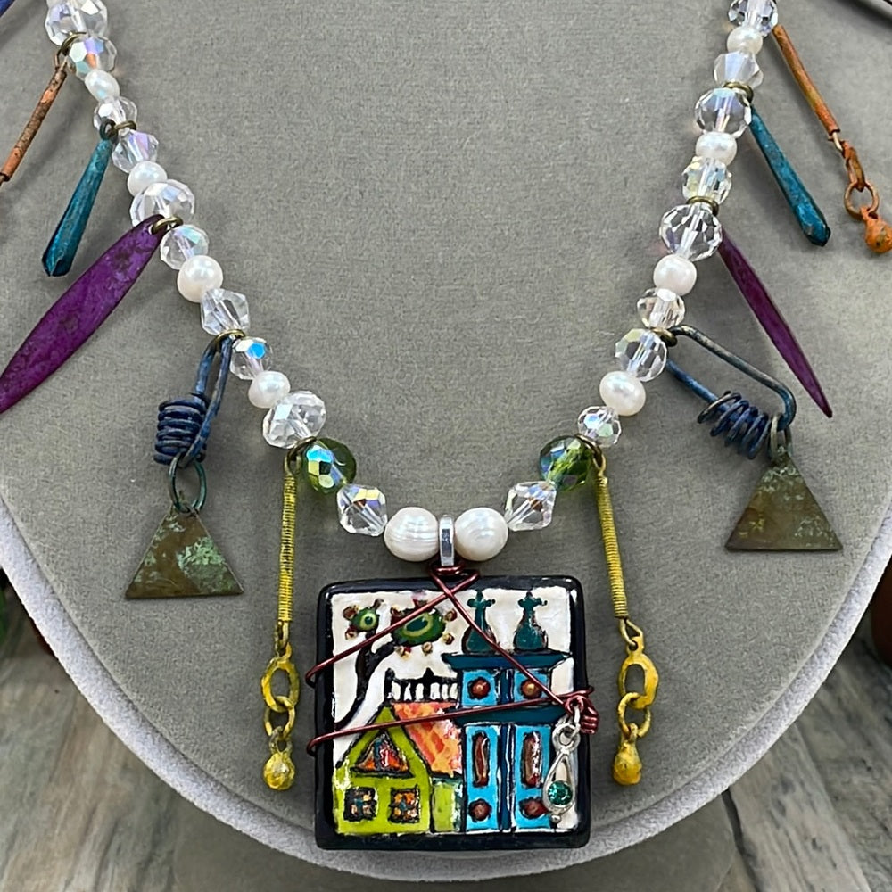 Adorned Crown Artisan Assemblage home ceramic pearl crystal charm necklace
