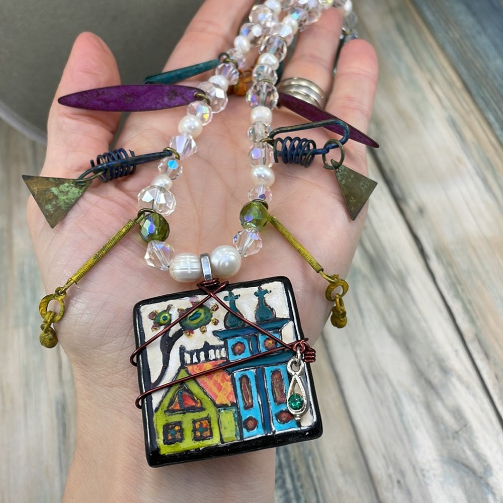 Adorned Crown Artisan Assemblage home ceramic pearl crystal charm necklace