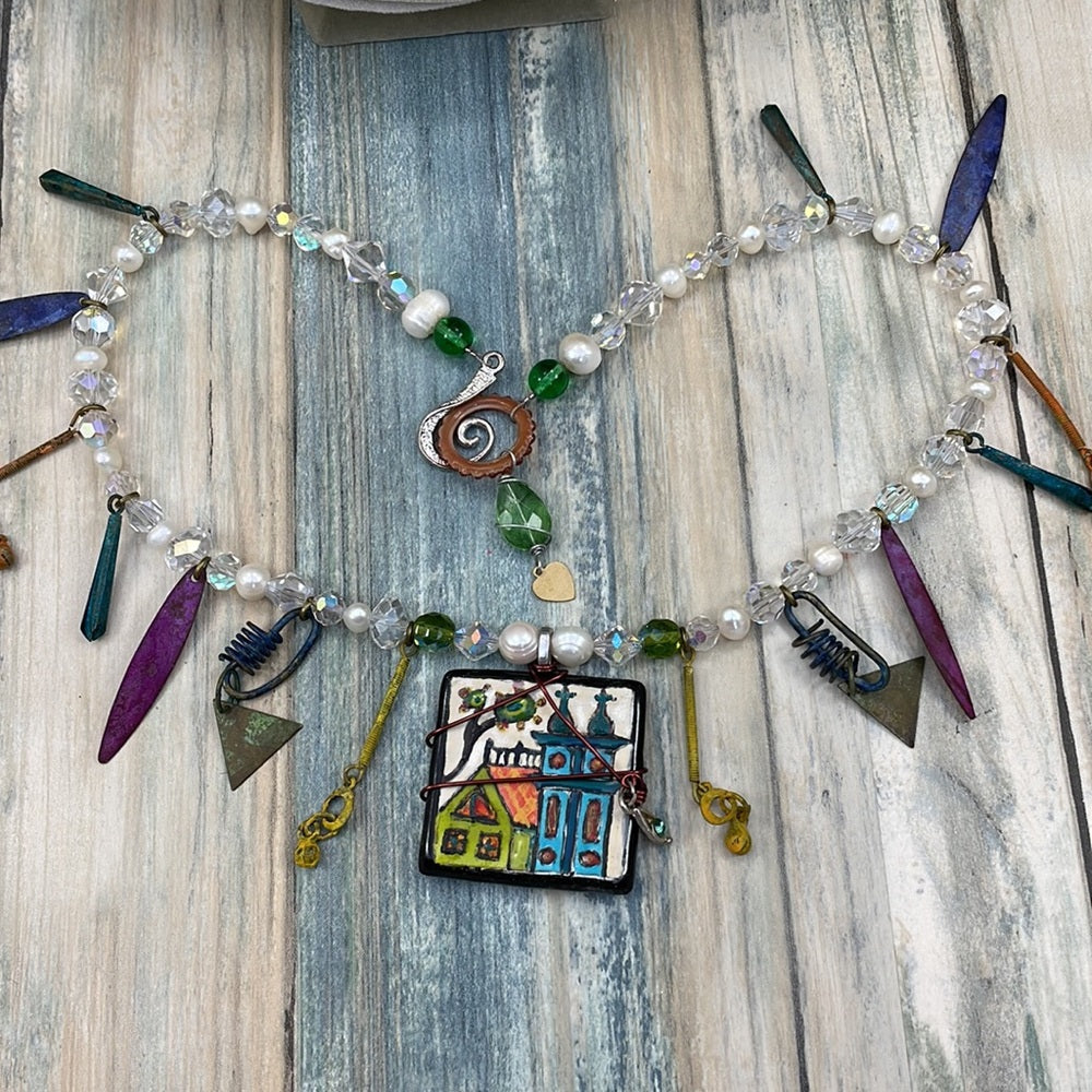 Adorned Crown Artisan Assemblage home ceramic pearl crystal charm necklace