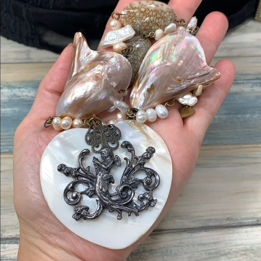 Adorned Crown Artisan assemblage shell heart pearl silver nymph necklace
