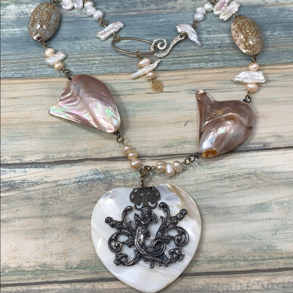 Adorned Crown Artisan assemblage shell heart pearl silver nymph necklace