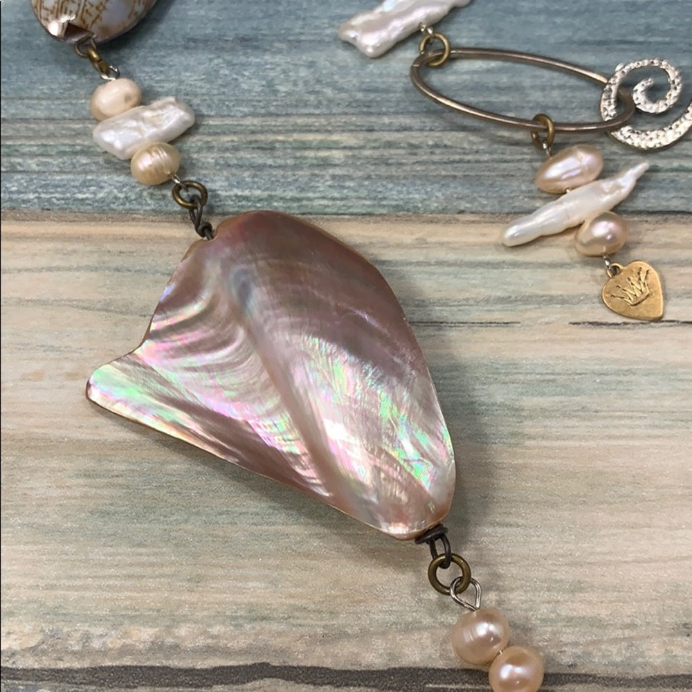 Adorned Crown Artisan assemblage shell heart pearl silver nymph necklace