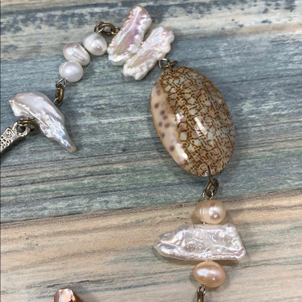 Adorned Crown Artisan assemblage shell heart pearl silver nymph necklace