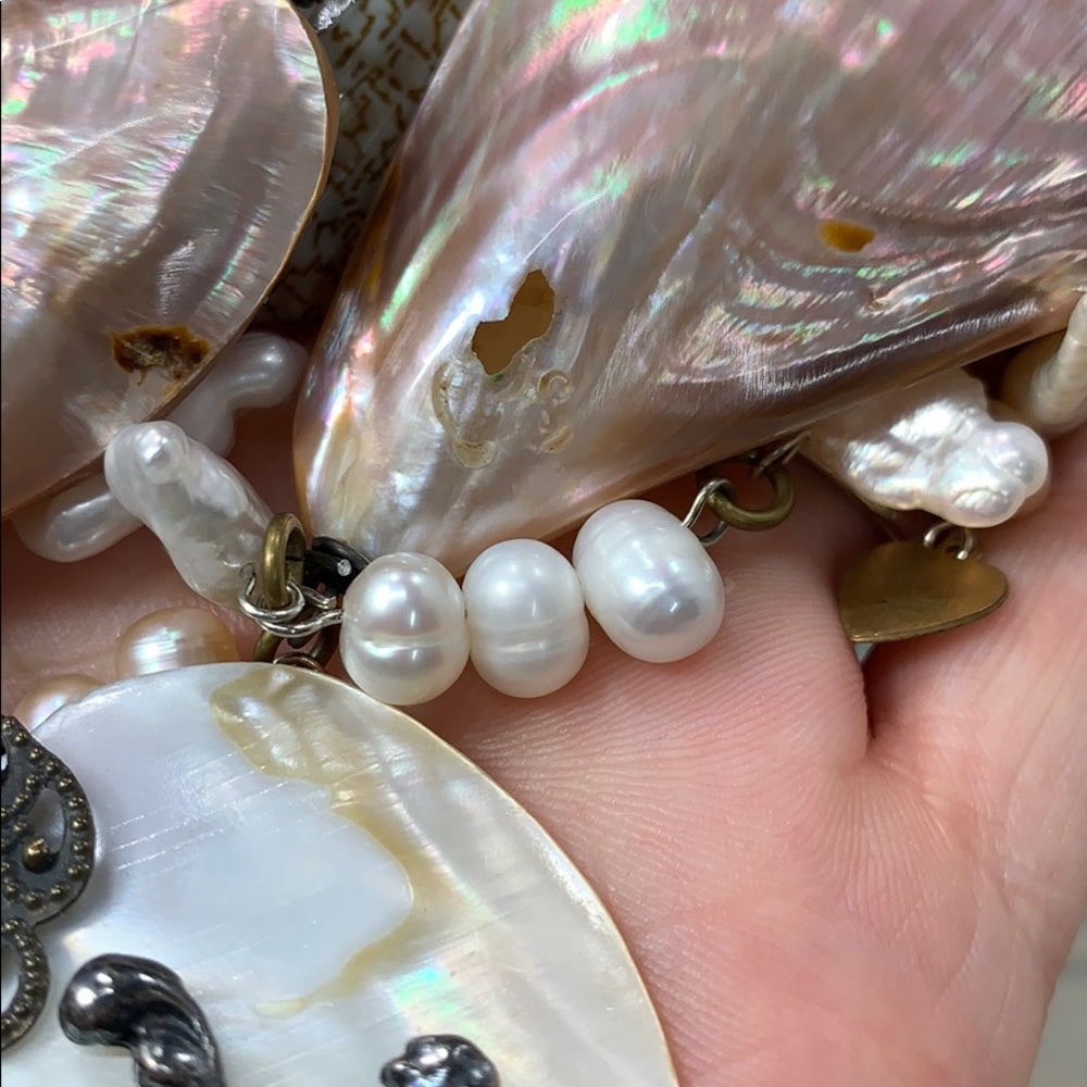 Adorned Crown Artisan assemblage shell heart pearl silver nymph necklace