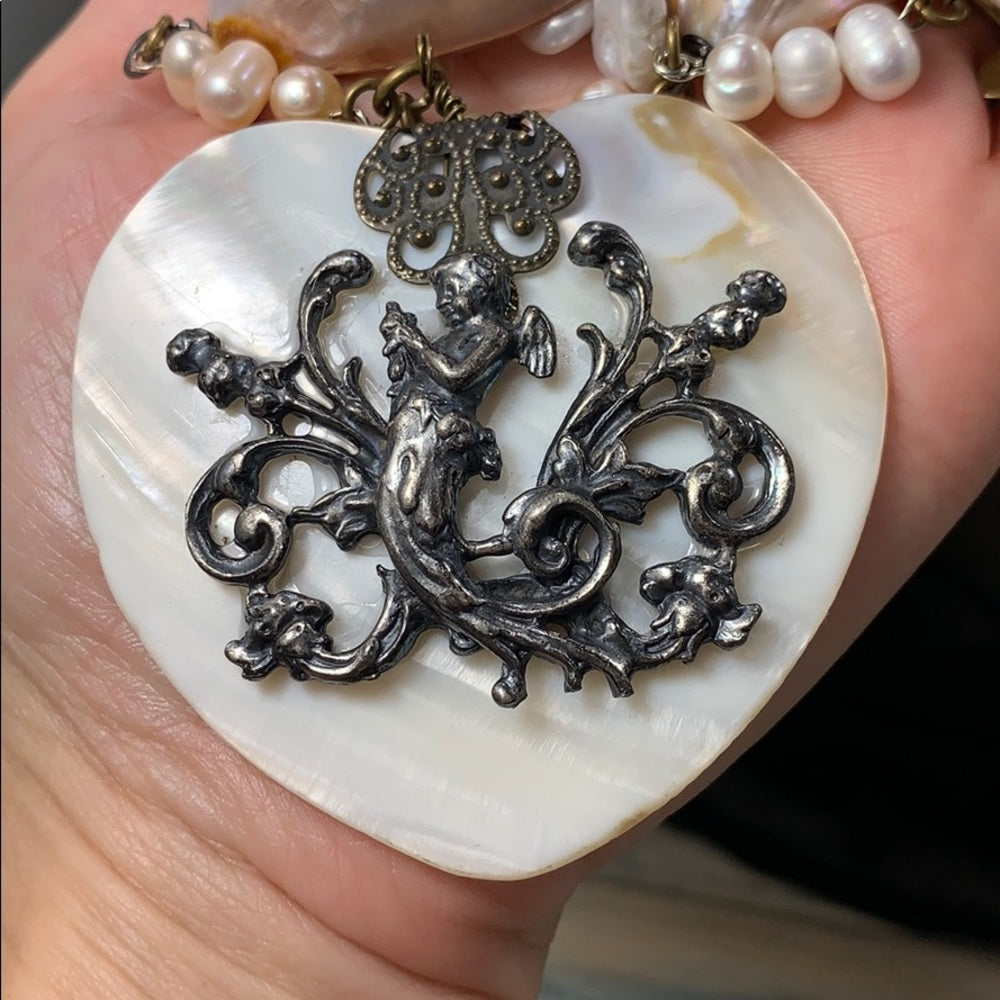 Adorned Crown Artisan assemblage shell heart pearl silver nymph necklace