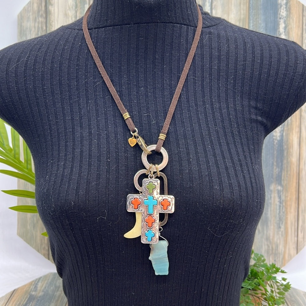 Adorned crown artisan assemblage turquoise cross bone larimar drop necklace