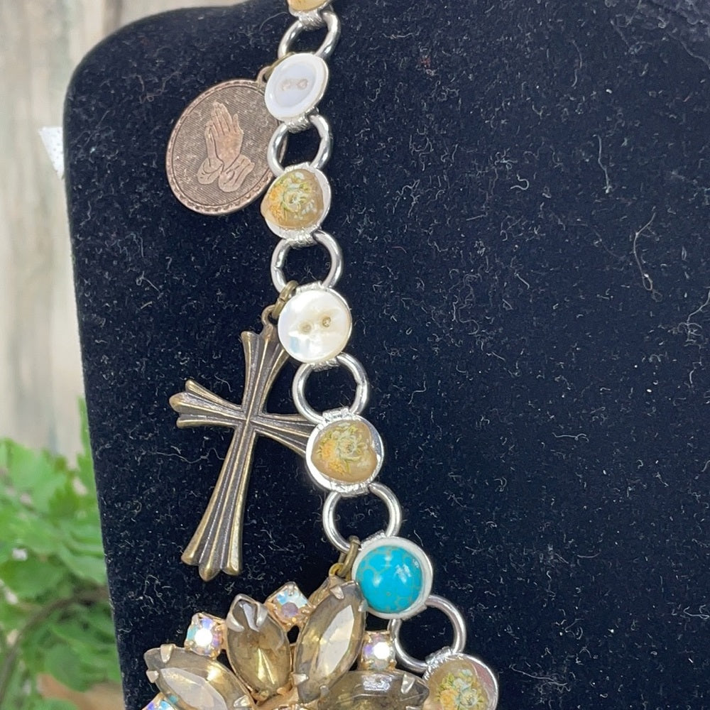 Adorned Crown artisan assemblage cross button Pearl cluster necklace