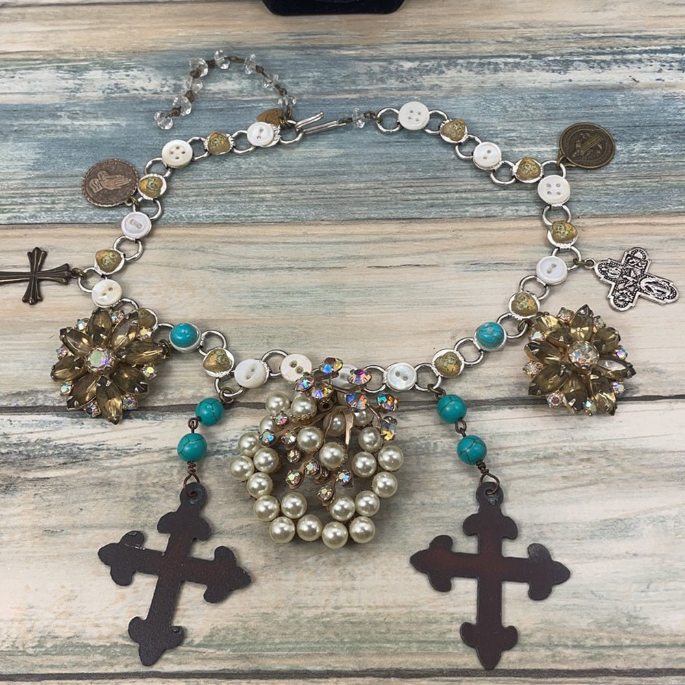 Adorned Crown artisan assemblage cross button Pearl cluster necklace
