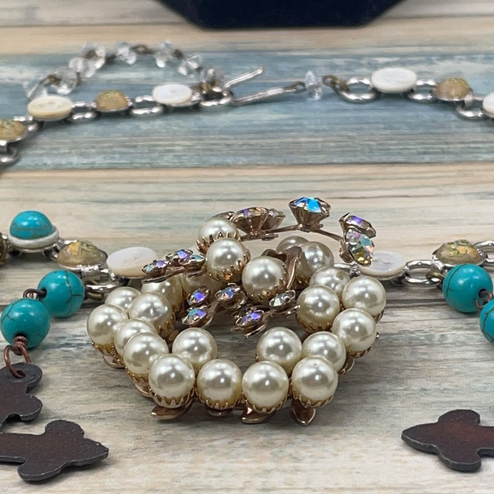 Adorned Crown artisan assemblage cross button Pearl cluster necklace