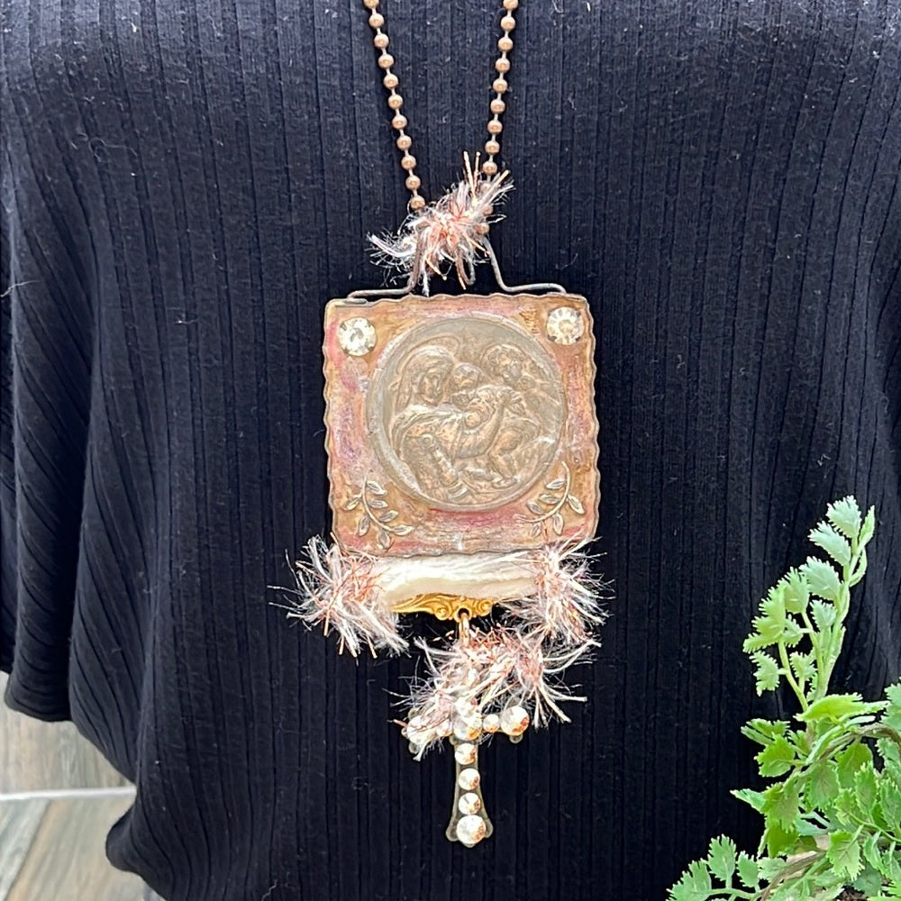 Adorned Crown Mary Jesus Joseph holy family rhinestone cross necklace