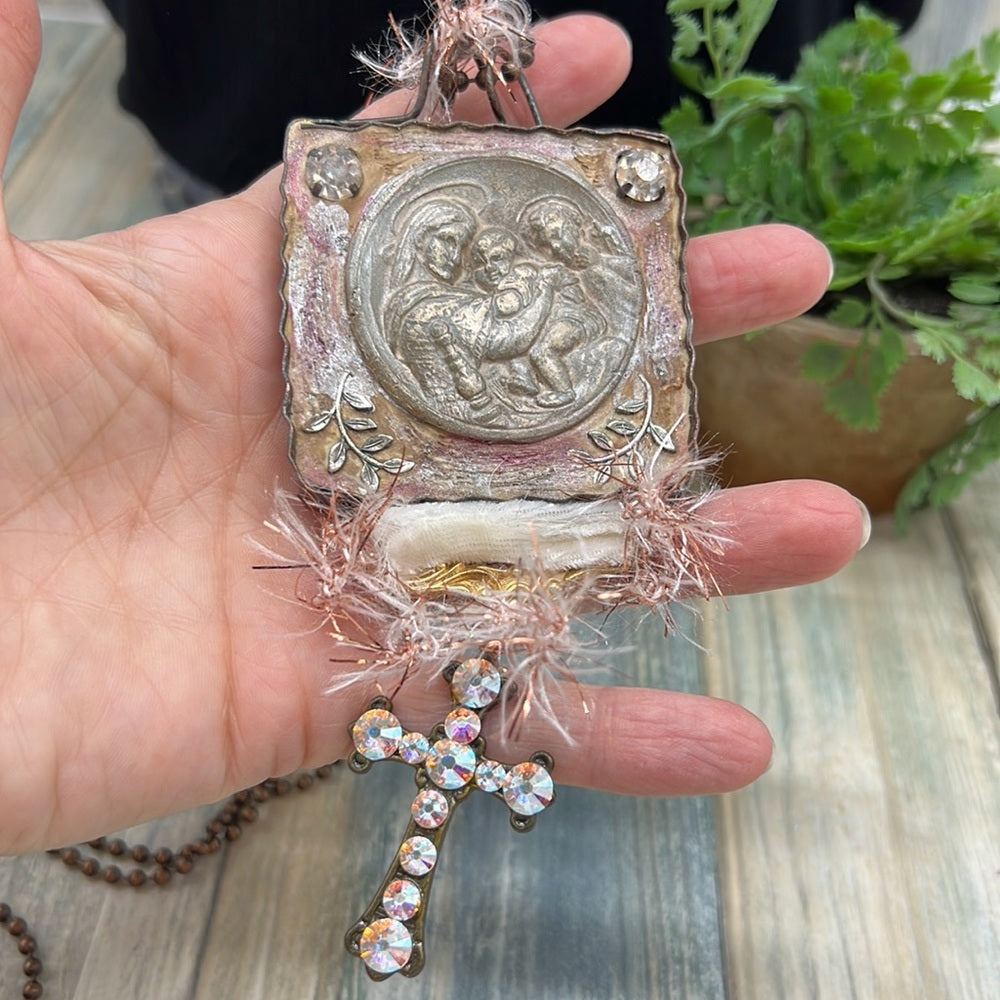 Adorned Crown Mary Jesus Joseph holy family rhinestone cross necklace